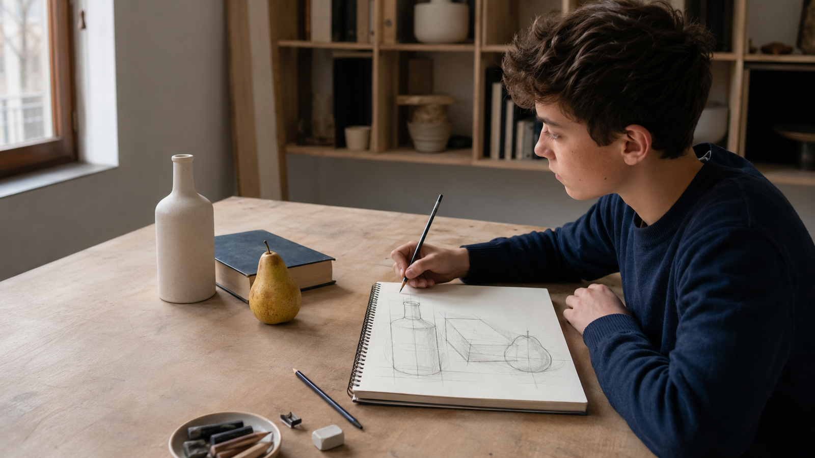 Adolescent observant une nature morte et construisant son dessin avec des axes et des volumes simples
