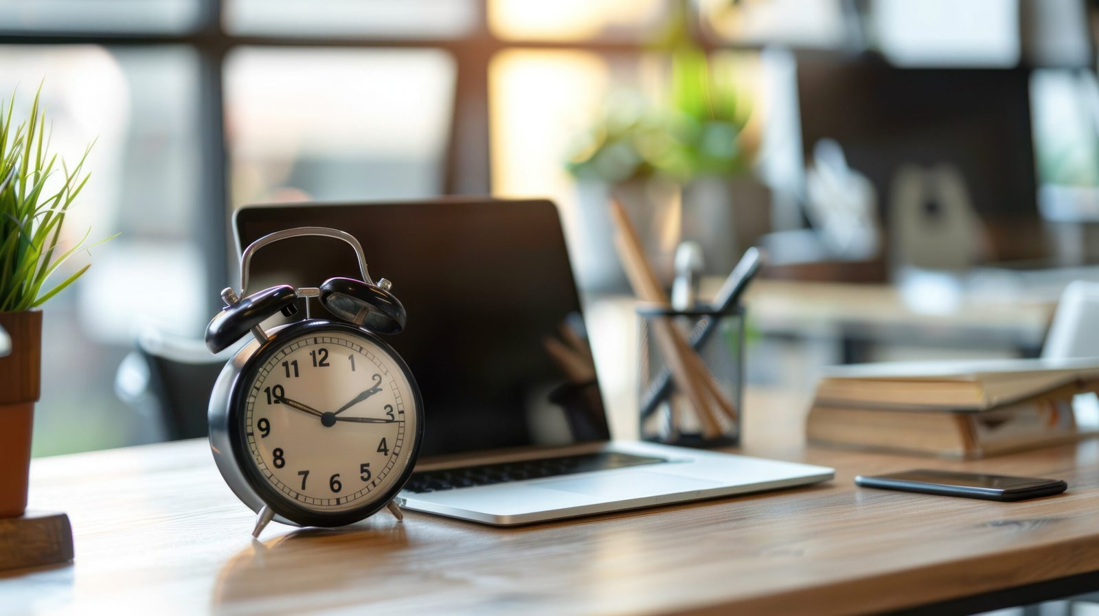 Espace de travail organisé avec une horloge et un ordinateur
